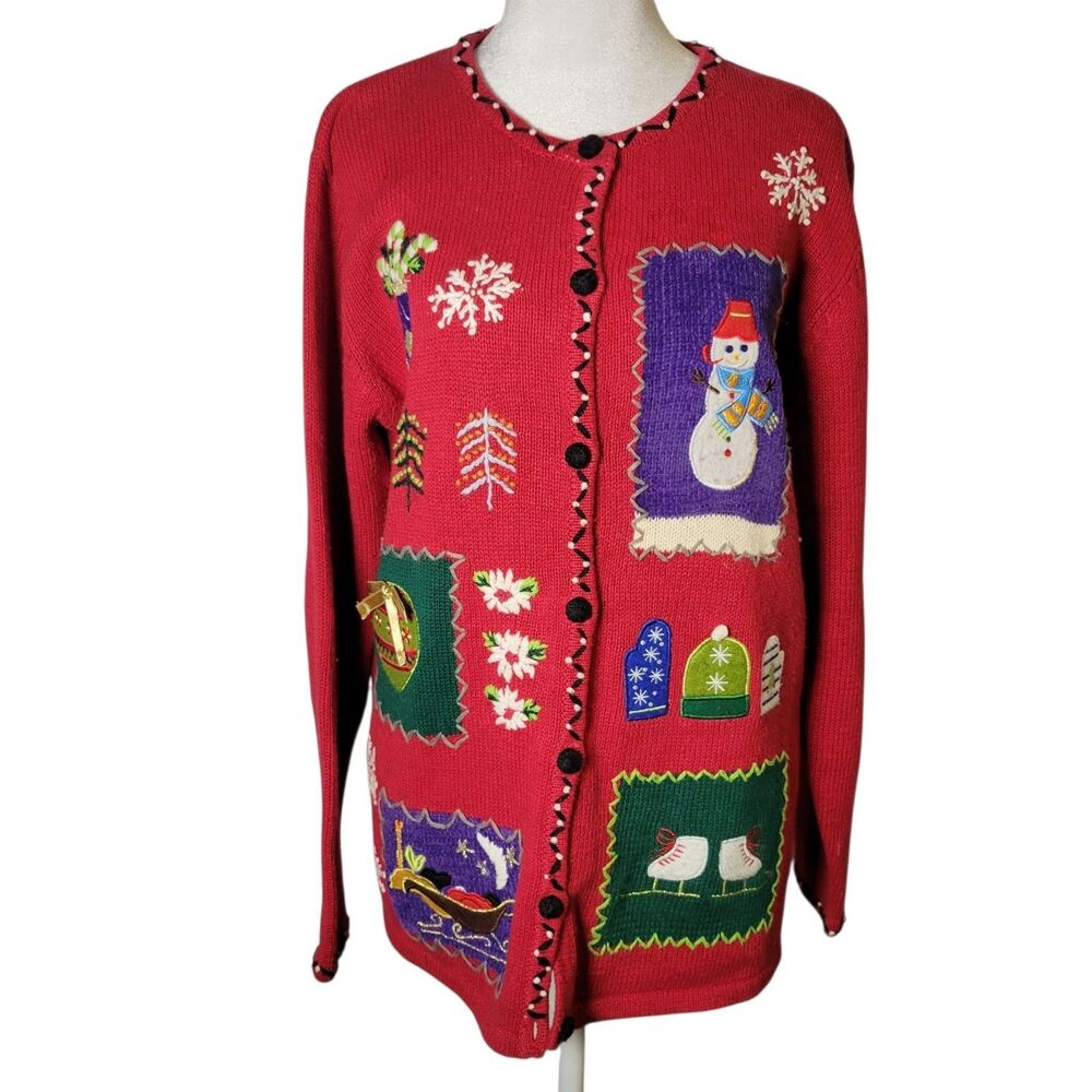 Vtg 90s Cherokee Christmas Cardigan Sweater M Red Patchwork Ramie Retro Grandma